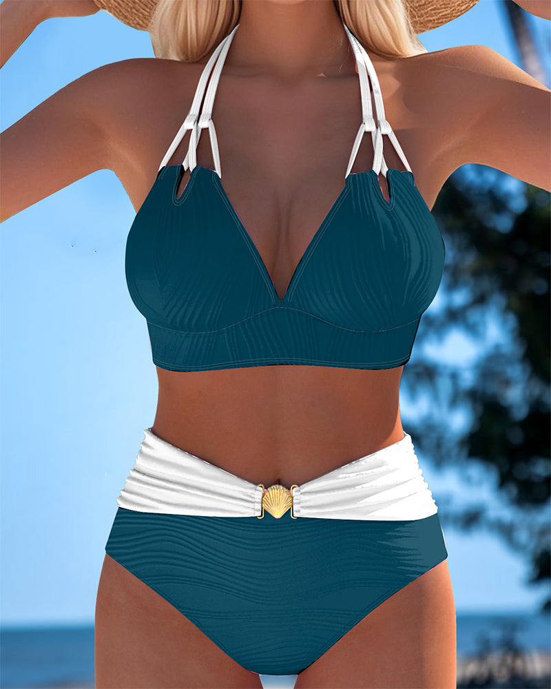 High-Waisted Double Strap Swimsuit with Color Contrast