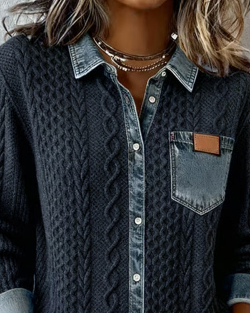Denim Patchwork Long-Sleeve Shirt