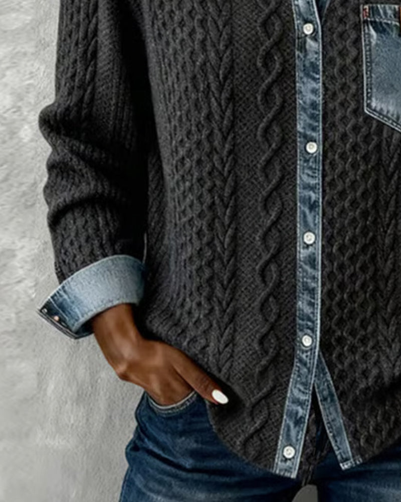 Denim Patchwork Long-Sleeve Shirt