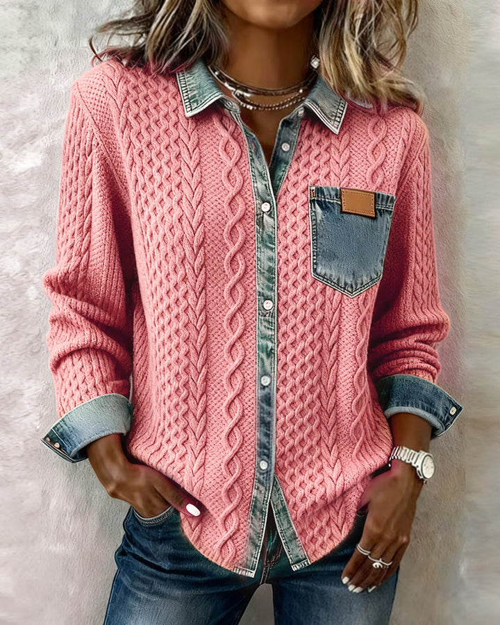 Denim Patchwork Long-Sleeve Shirt