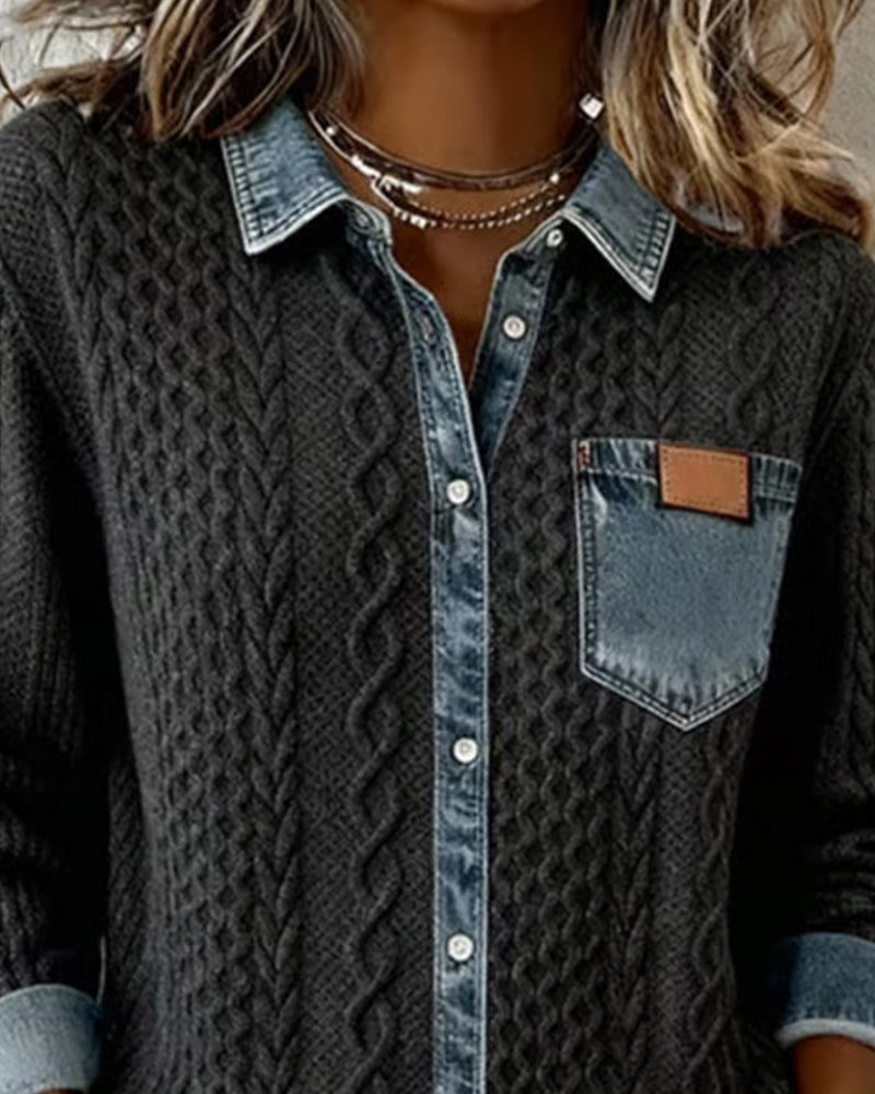 Denim Patchwork Long-Sleeve Shirt