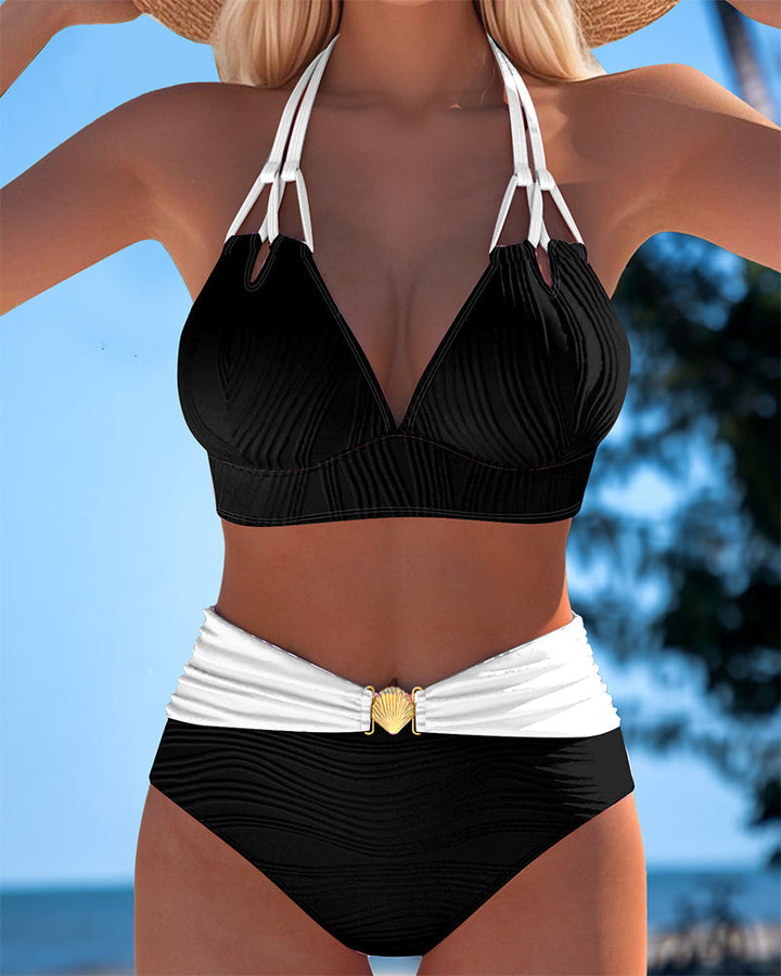 High-Waisted Double Strap Swimsuit with Color Contrast