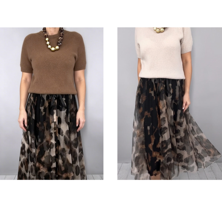 Velessa | Leopard Print Flowing Skirt and Sweater Ensemble
