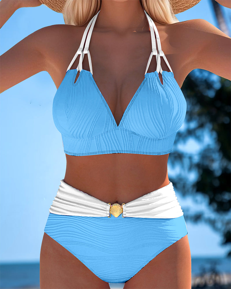 High-Waisted Double Strap Swimsuit with Color Contrast