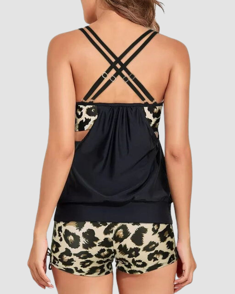 Two-Piece Blouson Tankini Swimsuit with Tummy Control