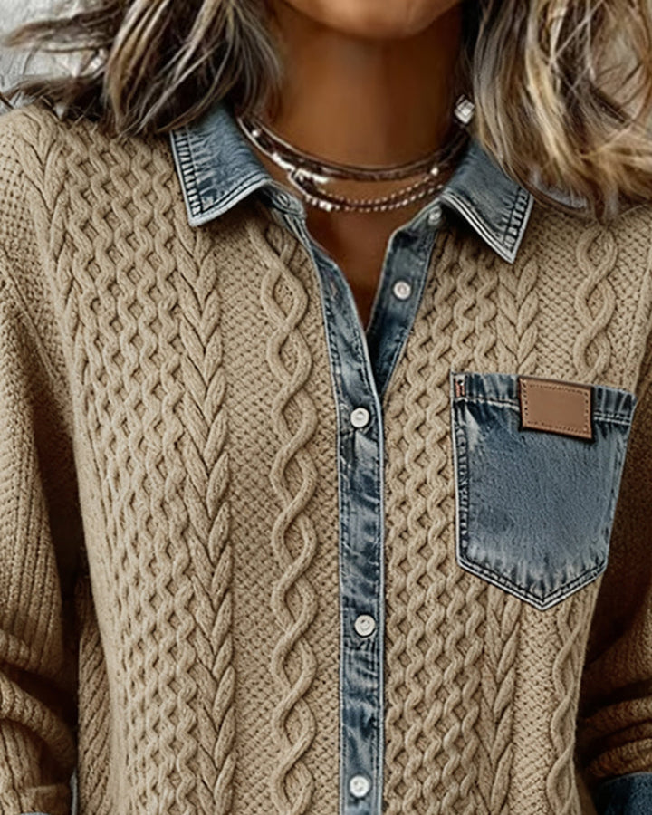 Denim Patchwork Long-Sleeve Shirt
