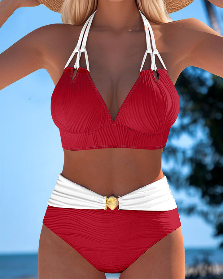 High-Waisted Double Strap Swimsuit with Color Contrast