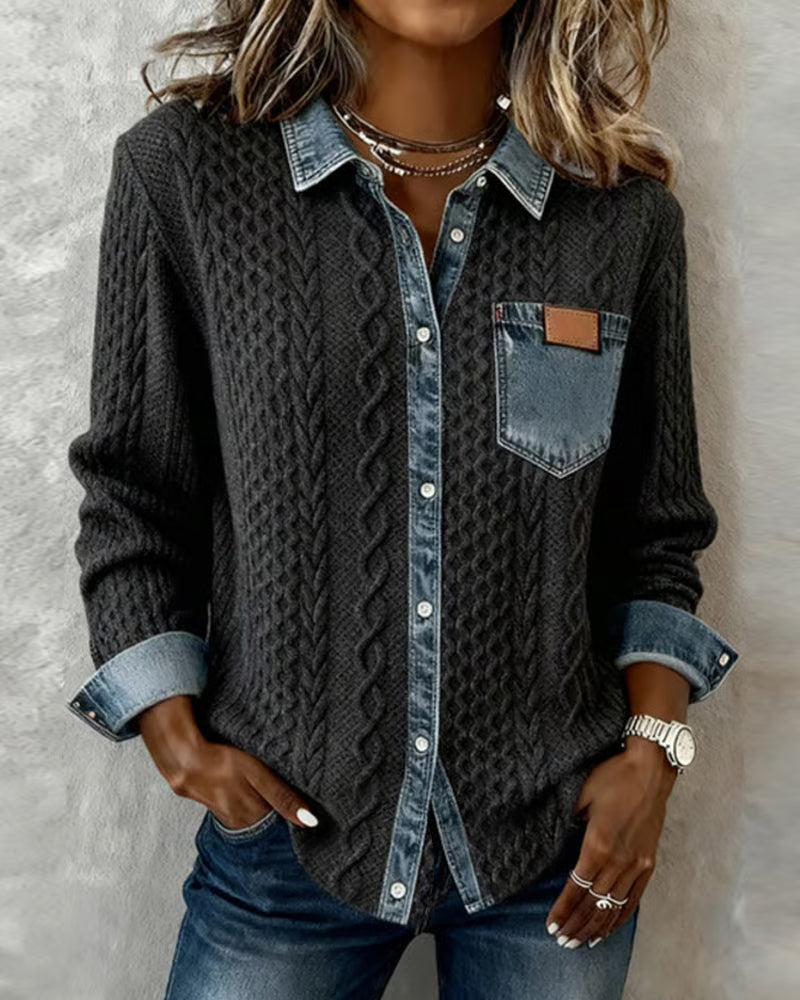 Denim Patchwork Long-Sleeve Shirt