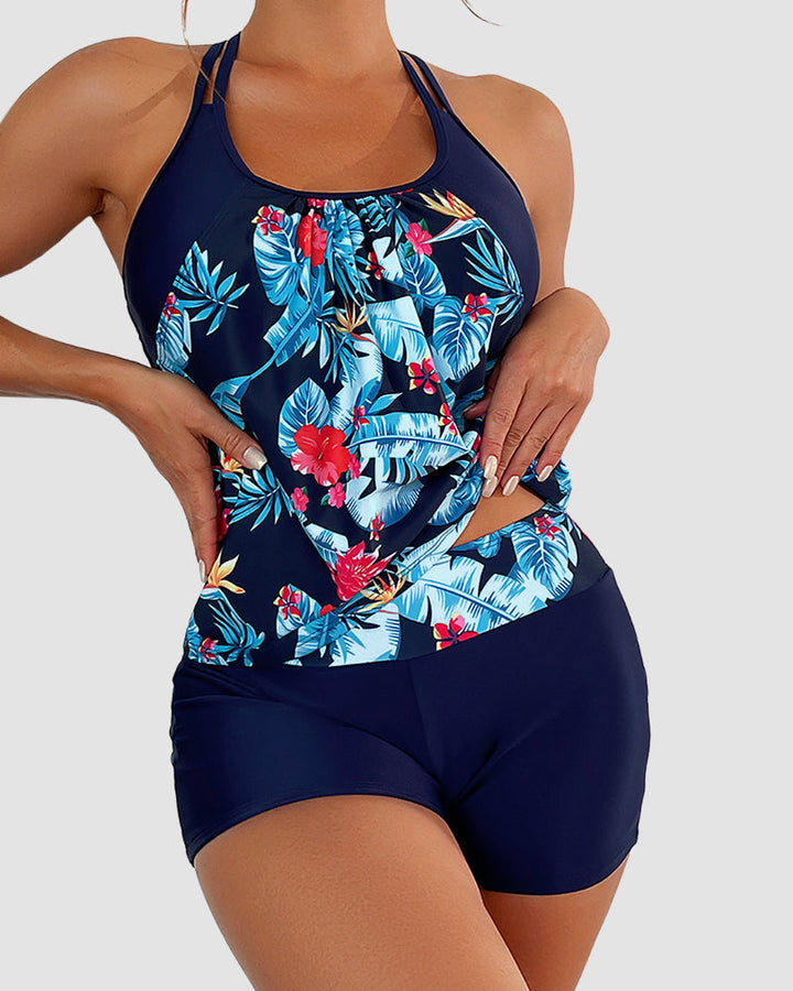 Two-Piece Blouson Tankini Swimsuit with Tummy Control