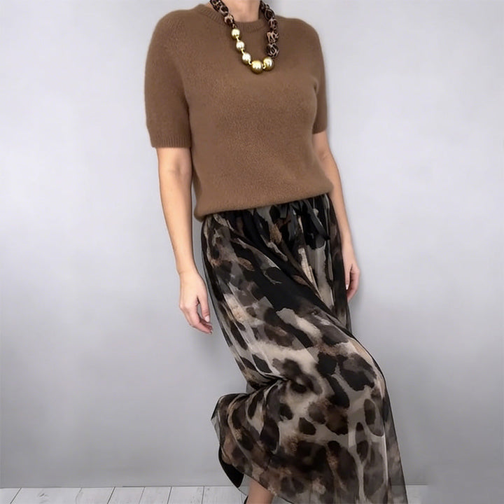 Velessa | Leopard Print Flowing Skirt and Sweater Ensemble