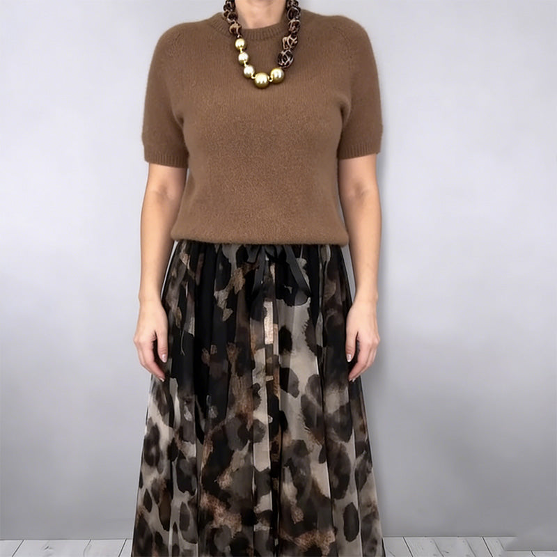 Velessa | Leopard Print Flowing Skirt and Sweater Ensemble