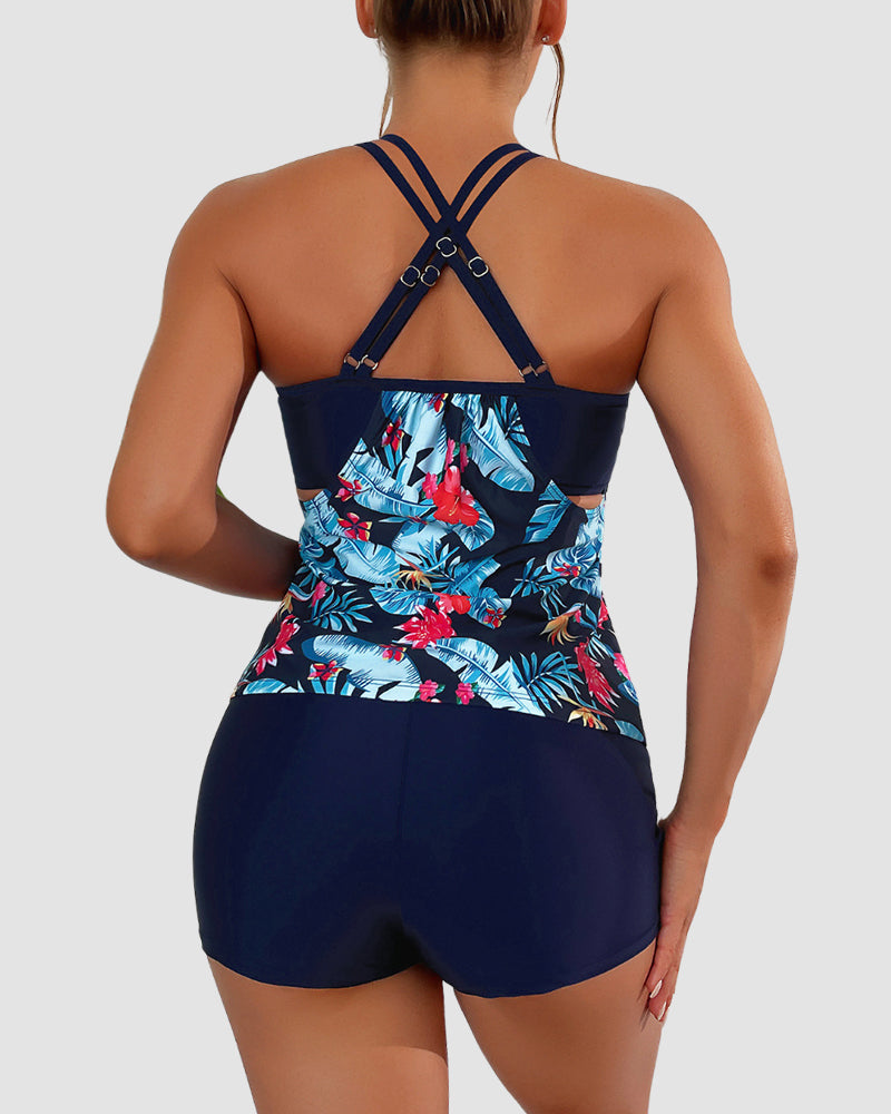 Two-Piece Blouson Tankini Swimsuit with Tummy Control