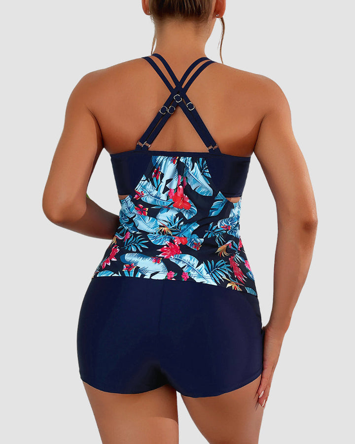 Two-Piece Blouson Tankini Swimsuit with Tummy Control