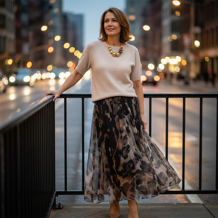 Velessa | Leopard Print Flowing Skirt and Sweater Ensemble