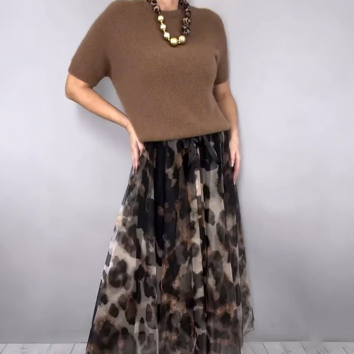 Velessa | Leopard Print Flowing Skirt and Sweater Ensemble