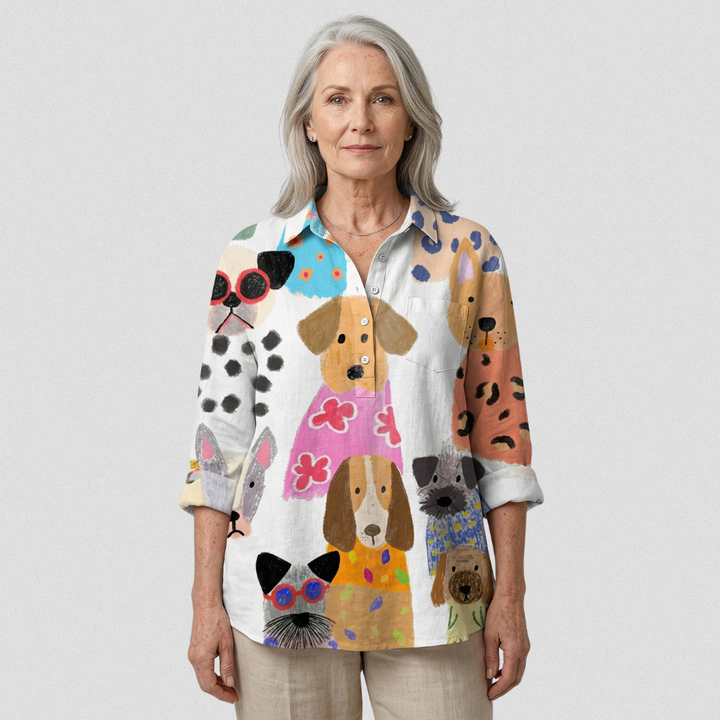 Brigitte | Women's Casual Shirt with Colorful Cartoon Puppy Print