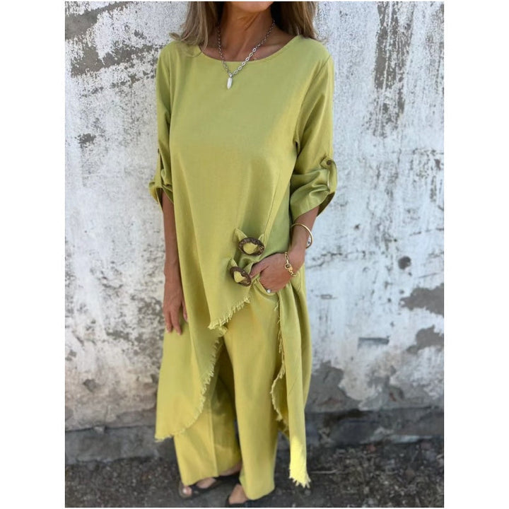 Chic Cotton-Linen Two-Piece Set: Dress and Pants for Ultimate Comfort