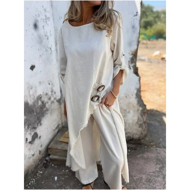 Chic Cotton-Linen Two-Piece Set: Dress and Pants for Ultimate Comfort