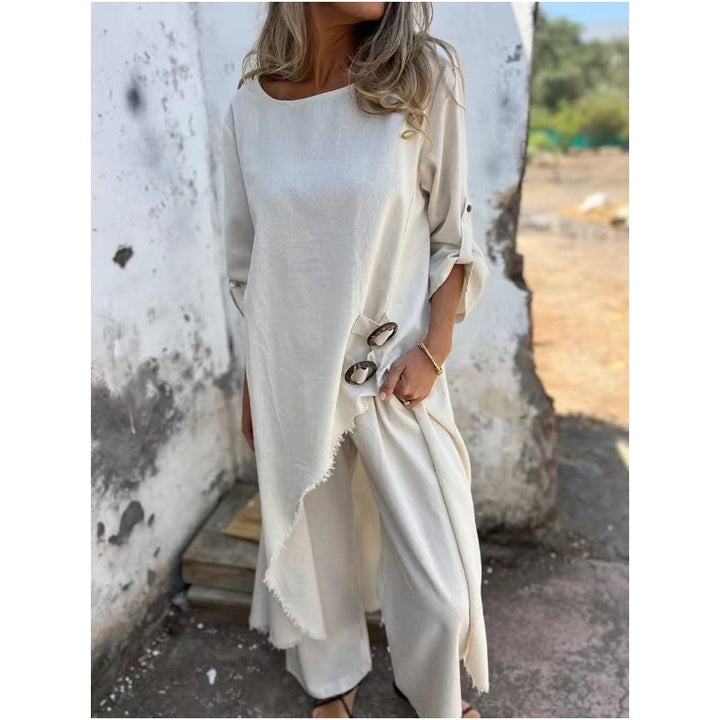 Chic Cotton-Linen Two-Piece Set: Dress and Pants for Ultimate Comfort